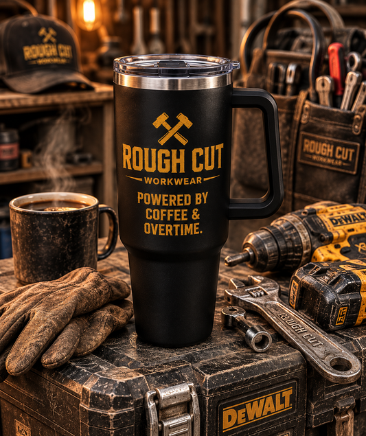 Rough Cut Workwear™ 40oz Insulated Tumbler – Powered by Coffee