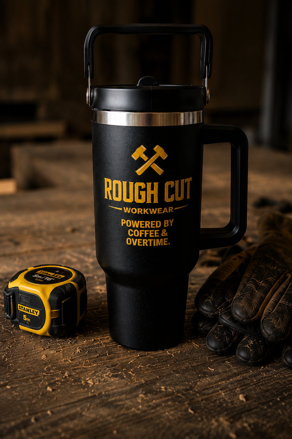Rough Cut Workwear™ 40oz Insulated Tumbler – Powered by Coffee