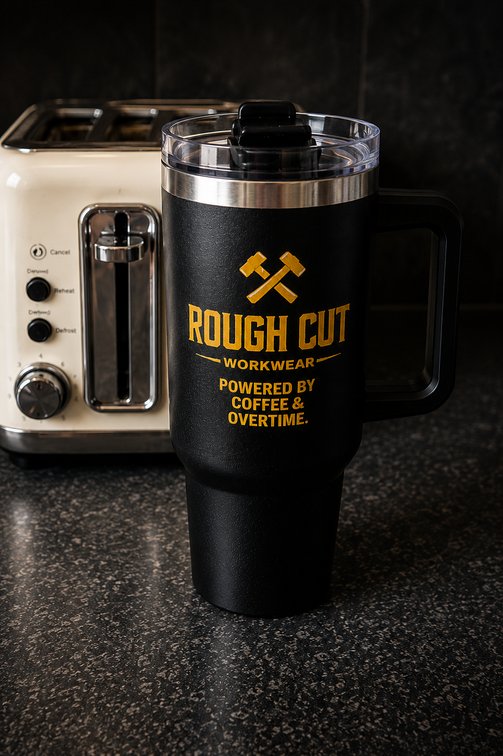 Rough Cut Workwear™ 40oz Insulated Tumbler – Powered by Coffee