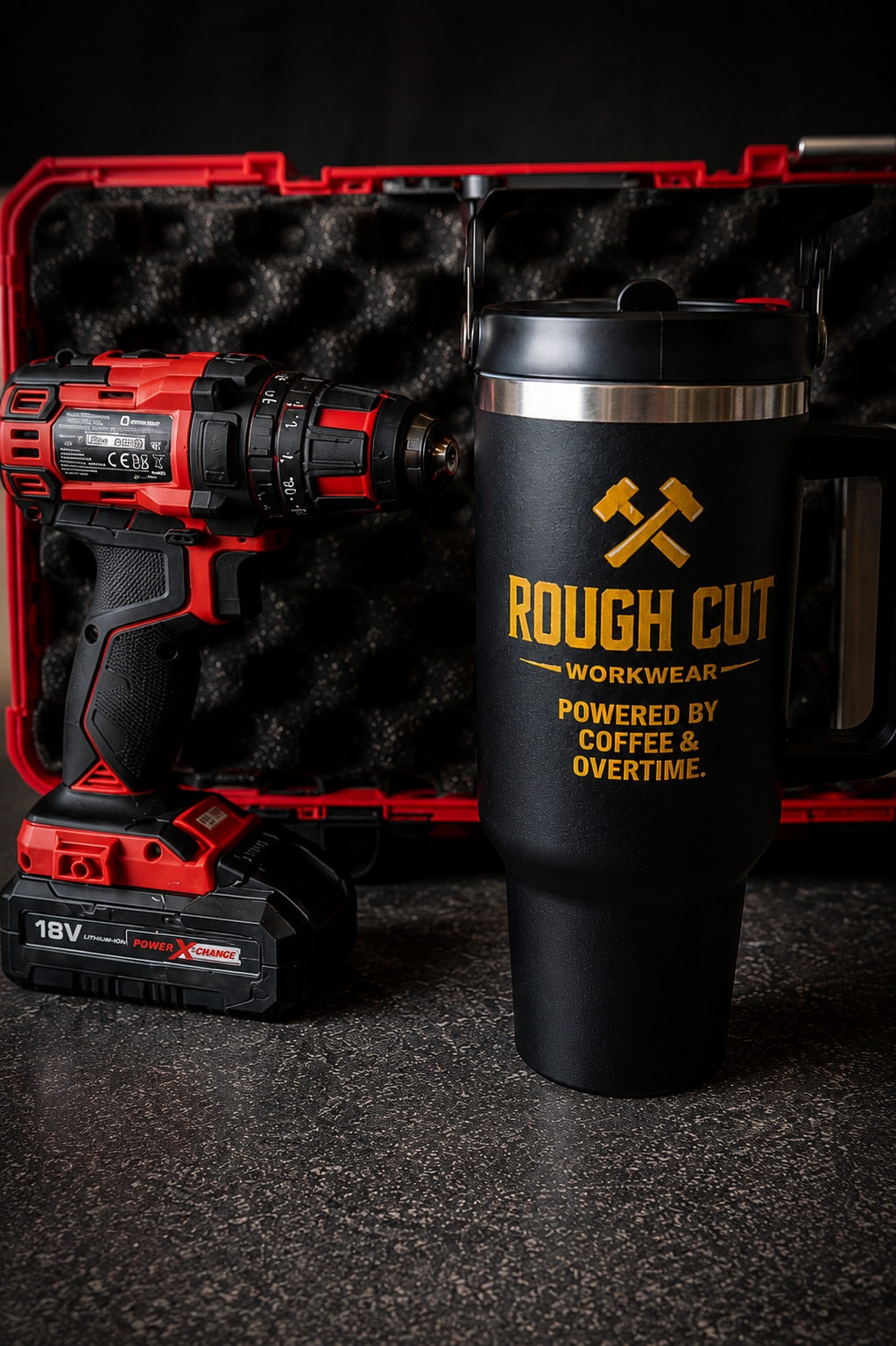 Rough Cut Workwear™ 40oz Insulated Tumbler – Powered by Coffee