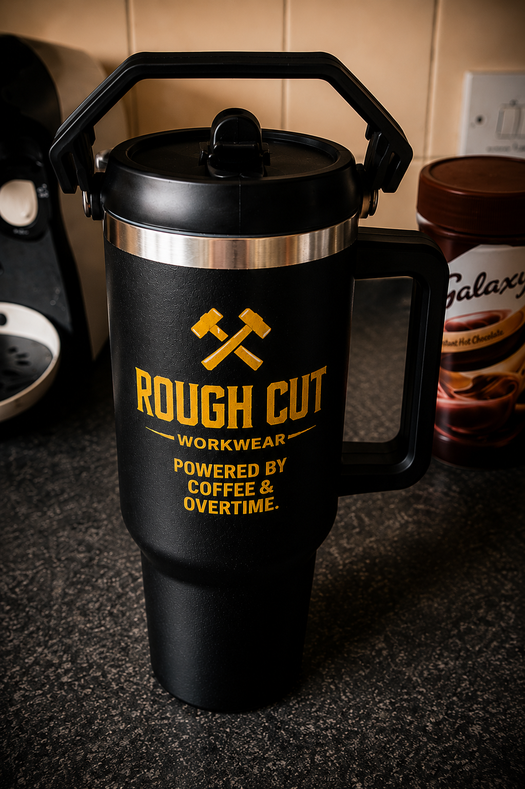 Rough Cut Workwear™ 40oz Insulated Tumbler – Powered by Coffee